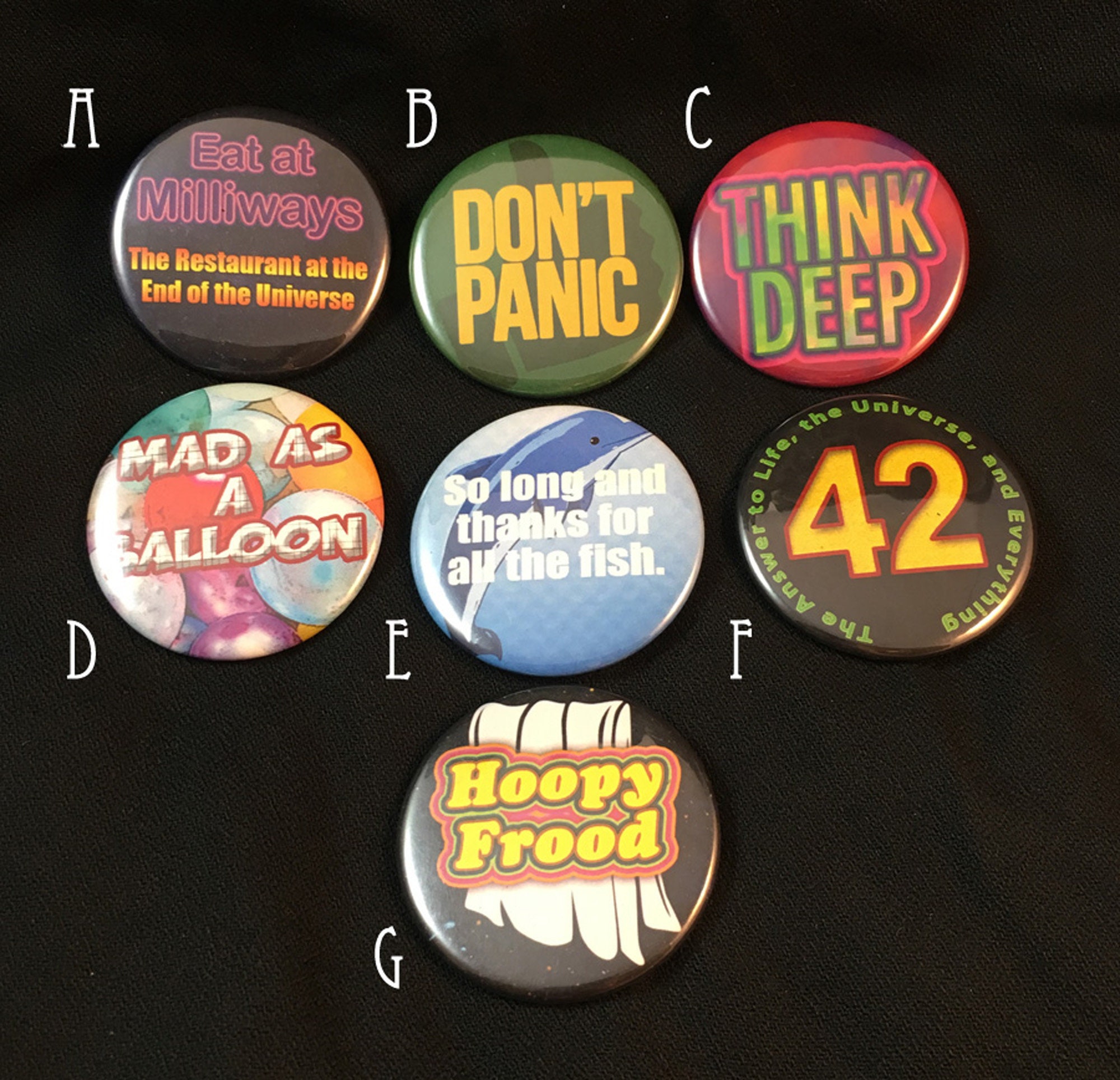 Hitchhiker's Guide to the Galaxy Button Set, Don't Panic, 42, the