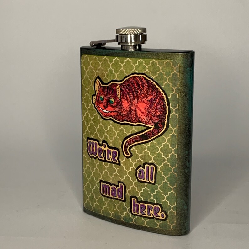 Cheshire Cat Flask, We're all mad here, adult beverage, stealth cocktail, Alice, best man, bridal party gift, geek gift, image 3