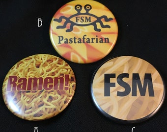 Flying Spaghetti Monster Pins, Set, Pastafarian, FSM, Ramen!, Atheist, Pop Culture, Handmade, Buttons, Pinback