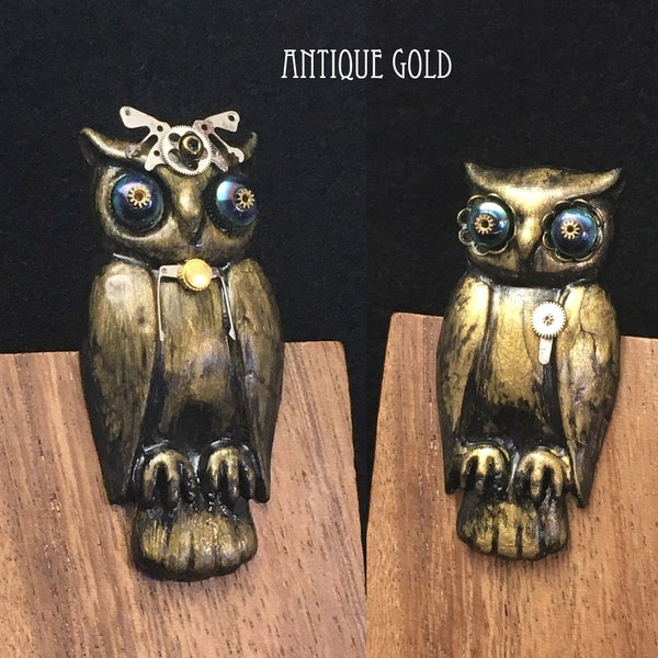 Clockwork Owl Pin, lapel, backpack,bag, bird, raptor, polymer clay, geek, steampunk, hat, tie, watch parts, metal, handmade, mixed media