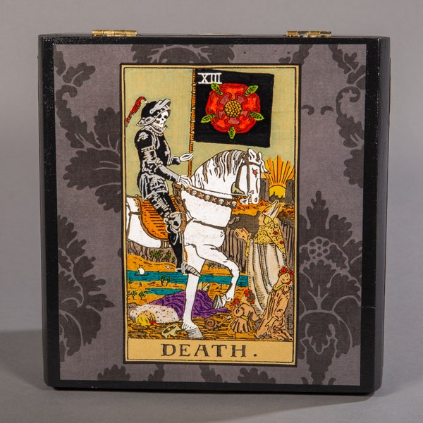 Death, Tarot Box, Functional Art, Stash Box, Decoupage, Upcycled Art, Storage, Altar Box, Handmade, unique gift, recycled art