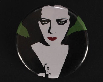 Voonalicious Comics Buttons, pinback, fandom, Harley Quinn, femme fatale, kitty, moon, tattoo, Poison Ivy,