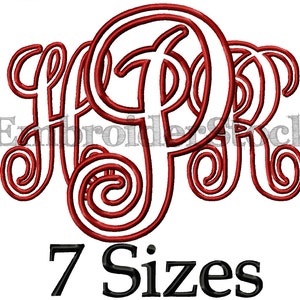 May include: Red monogram embroidery design with the letters H, P, and R in a script font. The design is outlined in black and the text "7 Sizes" is below the monogram.