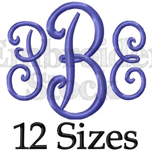 May include: A monogram design with the letters B, B, and E in a cursive font. The letters are in a purple color and are surrounded by swirls. The text "12 Sizes" is below the monogram.