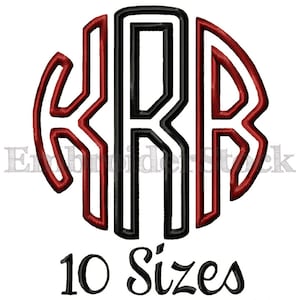 Op de afbeelding: Een monogram ontwerp met de letters "KRB" in een cirkel. De letters zijn zwart omlijnd en rood gevuld. De tekst "10 maten" staat onder het monogram.