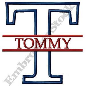 May include: A blue outlined capital letter T with a red double line below it. The word "TOMMY" is written in red letters on the line.