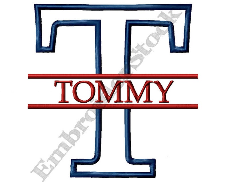 May include: A blue outlined capital letter T with a red double line below it. The word "TOMMY" is written in red letters on the line.
