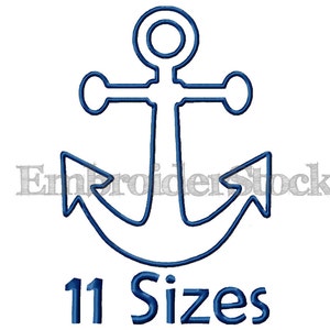 Może przedstawiać: Niebieski kontur kotwicy na białym tle. Tekst "11 Rozmiarów" znajduje się pod kotwicą. Słowo "EmbroiderStock" jest słabo widoczne w tle.