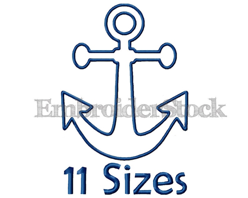 May include: A blue outline of an anchor on a white background. The text "11 Sizes" is below the anchor. The word "EmbroiderStock" is faintly visible in the background.