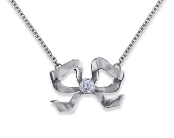 Sterling Silver Diamond Bow Pendant 11x15mm 