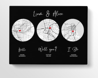 Hello, Will You, I Do Maps Print, husband - wife anniversary gift. Wedding Gift for couple, Valentine's Gift for wife-husband locations pin