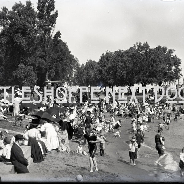 Vintage Photograph Of 1900s Cleveland Park Beach Bathers On Lake Erie