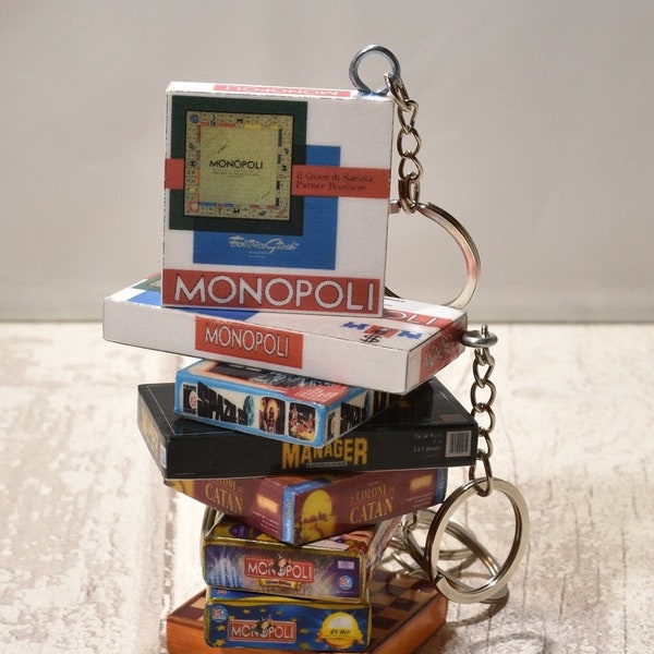 Wooden key ring, miniature outside board games box. Original gift idea for collectors and fans of board games