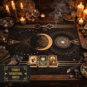May include: Black tarot mat with gold celestial designs, including a crescent moon, sun, and stars. Three tarot cards are displayed on the mat. The mat has the text "Tarot Spiritual Mats" in a gold frame.