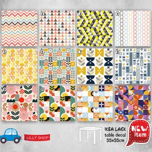 May include: Twelve different geometric patterns in a grid layout. Each pattern is a different color combination of yellow, blue, red, green, pink, and white. The patterns are for use as table decals. The text "IKEA LACK table decal 55x55cm" and "NEW item" are in the bottom right corner of the image.