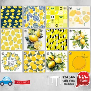 May include: Twelve different lemon themed designs for a 55x55cm IKEA LACK table decal. The designs feature lemons, leaves, and the words "Home Sweet Home".