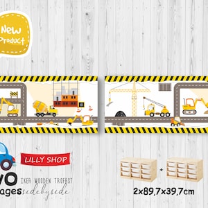 May include: Two yellow and black construction themed storage units with a road and construction vehicles printed on the front. The units are 89.7 cm wide, 39.7 cm deep, and 2 units tall. The text "LILLY SHOP" and "TWO storages side by side" is printed on the bottom of the image.