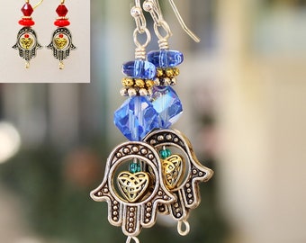 Hamsa earrings, hamsa heart earrings, heart earrings, jewish earrings, judaica earrings, large hamsa, heart, gift for her, jewish gift
