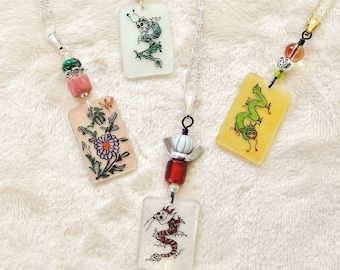 mahjong necklace,mahjong symbols, mahjong flower, majong dragon, mohjongg jewelry, chinese necklace, mahjong pendant, gift for her
