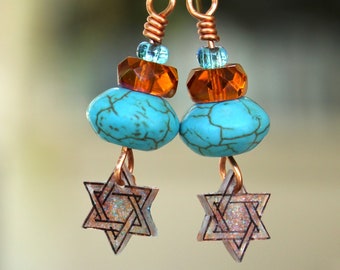 Star of David earrings, Magen David earrings, jewish earrings, jewish jewelry, gift for her, turquoise bead, hand drawn Magen David (#372)