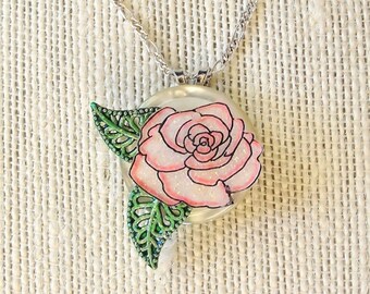 rose necklace,flower necklace, pink rose, rose pendant, painted rose, floral necklace, gift for her, valentine (#565)