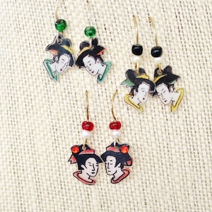 Mini Geisha girl earrings, Geisha jewelry, Japanese jewelry, Japanese earrings, Shrink plastic, Asian earrings, Geisha woman, Gift for her