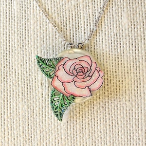 rose necklace,flower necklace, pink rose, rose pendant, painted rose, floral necklace, gift for her, valentine (#565)