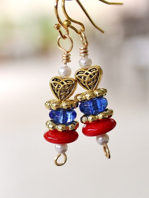 red white and blue earrings with gold heart,4th of July earrings, July 4 earrings,Fourth of July earrings,patriotic earrings,(#657)