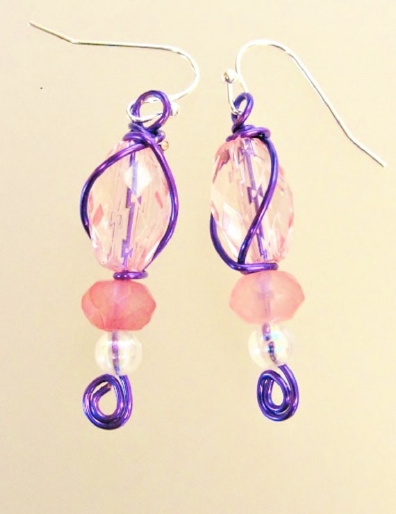 bead earrings, wire earrings, wire bead earrings, wire wrapped earrings, pink and purple earrings, gift for her(#113)