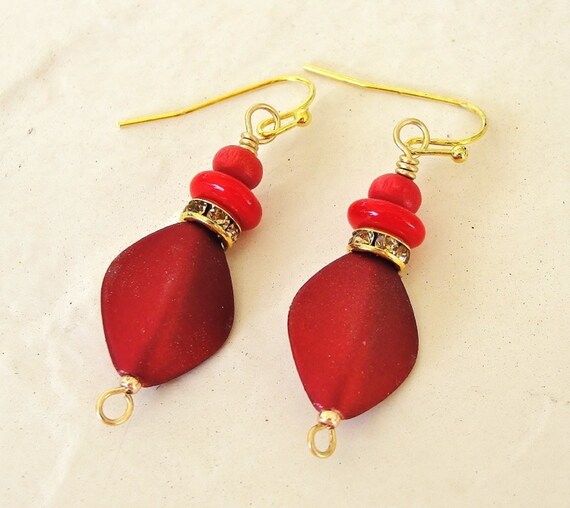 red bead earrings, satin bead earrings, red hanging earrings, red earrings, gift for her, red bead jewelry (#781)