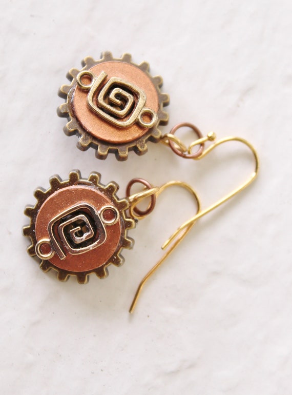 Steampunk earrings, found object earrings, steampunk jewelry, gear shape earrings, gear shape jewelry, gift for her (#847)