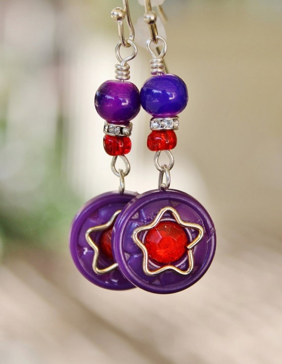 red hat earrings, red purple earrings, red and purple, red hat jewelry, red hat gift, gift for her (#663)