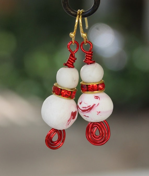 Bead earrings,polymer bead earrings,polymer earrings,Red/white earrings,snowball earrings,gift for her,handmade beads,winter earrings(#871)
