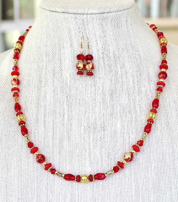 Bead necklace earring set, bead necklace, bead earrings, necklace earrings set, long bead necklace, red faceted beads, gift for her