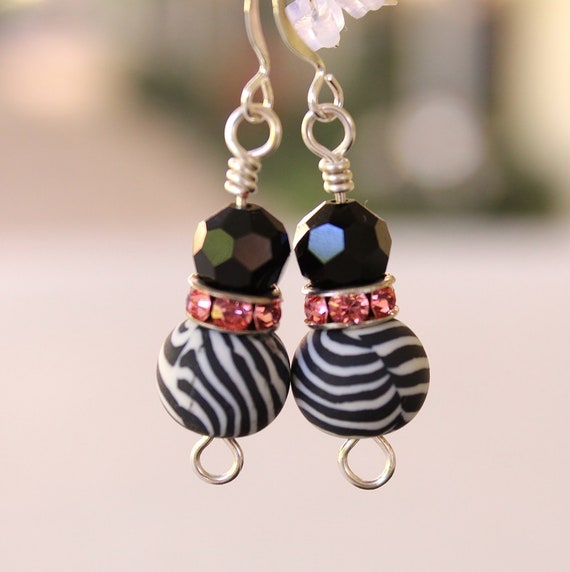 Bead earrings, zebra bead earrings, bead jewelry, zebra stripe earrings, gift for her, black and white earrings, elegant earrings(#696)