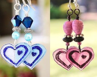 heart earrings, pink heart earrings, pink hearts, heart jewelry, Valentine gift, gift for her, love earrings, blue heart earrings