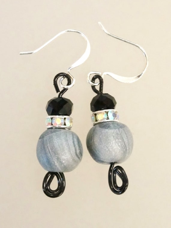 Bead earrings,polymer earrings,round bead earrings,silver clay earrings,elegant earrings, handmade polymer bead earrings, gift for her(#187)
