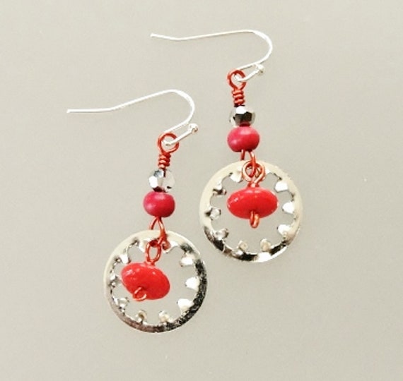 circle earrings, washer earrings, red earrings, hardware earrings, hardware jewelry, steampunk earrings, gift for her (#386)