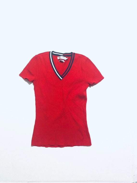 1990 Red Tommy Hilfiger jean top. Comfy, Ribbed k… - image 3