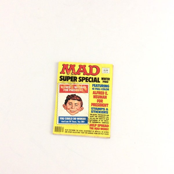 1980s MAD magazine. Alfred E. Neuman for president, super special winter 1980 MAD magazine edition. Vintage color magazine.