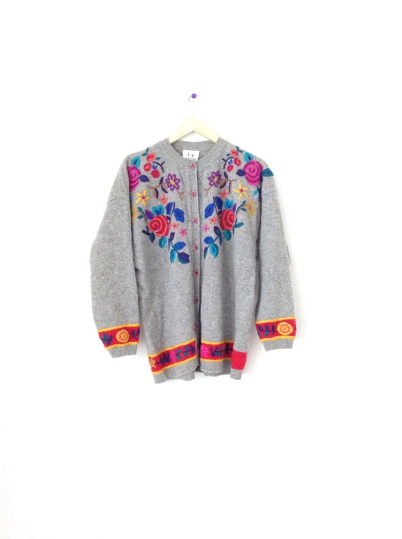 Grey wool sweater. Vintage embroidered wool cardi… - image 5