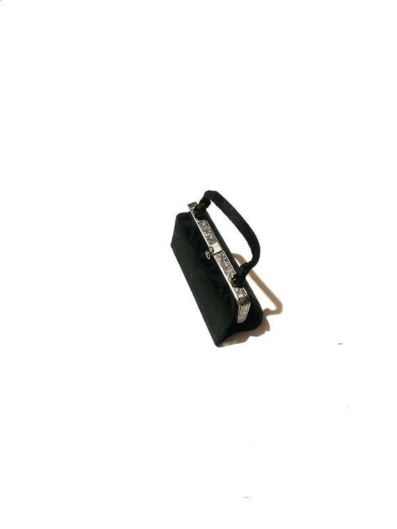 1950s black brocade handbag. Structured top handl… - image 7