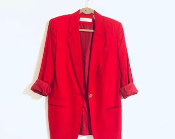 Vintage 90s Red Silk Blazer: Single Button Lined Jacket