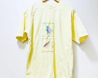 Vintage Johnny Was Fish Graphic T-Shirt - Yellow Cotton Tee, Made in USA, Size Medium
