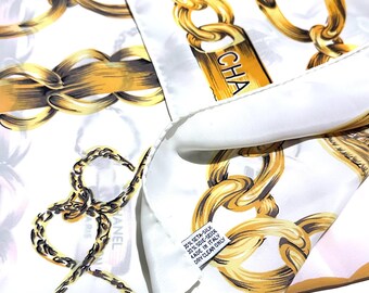 Vintage Chanel Silk Scarf, Cream White Chain Link Print, Italian