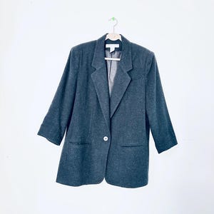 Vintage Wool Cashmere Blazer: Oversized Charcoal Grey 90s Jacket (Size L)
