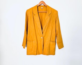 Vintage Mustard Linen Blazer: Single Button Cotton Jacket