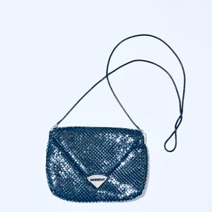 Black Metallic mesh mini bag. 70s chain mail  shoulder/ crossbody bag with leather trim and gold tone metal details. Black evening bag.