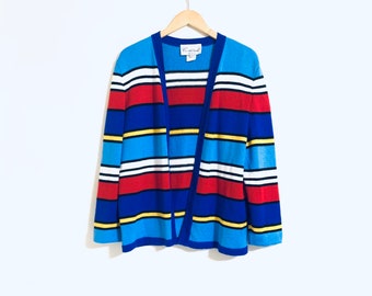 Vintage multicolored rainbow stripe cardigan. 80's cardigan, long sleeve, stripped sweater. Size large. Made in USA.