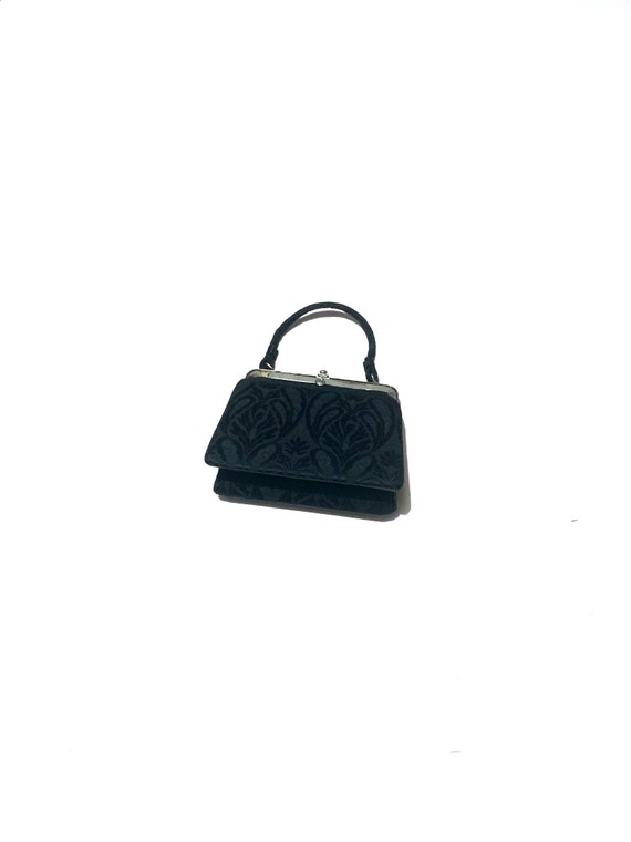 1950s black brocade handbag. Structured top handl… - image 9